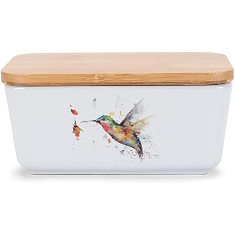 Nat & Jules Dean Crouser Ceramic Stoneware 1/2 Pound 2 Sticks Butter Dish Airtight Bamboo Lid Kitchen Accessory, Container Holder, Refrigerator Storage, Countertop Organization, Watercolor Hummingbird Cover