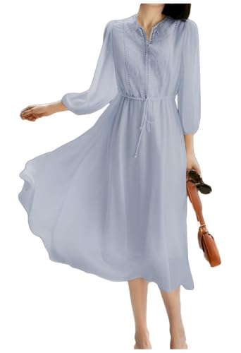 [エムズ モア] シフォンワンピース レディース 春 きれいめ 刺繍ワンピース ミモレ丈 フレアワンピース ブルー サイズ Mのサムネイル