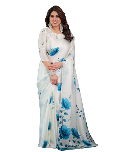 Women's Satin Georgette Saree with Floral Print & Unstitched Blou...