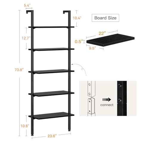 ODK 5-Tier Ladder Bookcase, Industrial Storage Shelf with Metal Frame for Living Room, Home Office, Kitchen & Bedroom, Space Saving Freestanding Organizer Rack, Black (8" D x 16" W x 74" H)