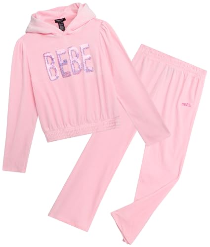 bebe Girls' Sweatsuit - 2 Piece Ribbed Velour Hoodie Sweatshirt and Open Bottom Sweatpants - Smock Waist Tracksuit Set (7-12)