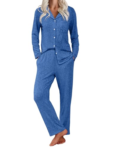 Ekouaer Womens Ribbed Knit Pajama Sets 2 Piece Lounge Set Long Sleeve Button Down Pjs Sleepwear Set with Pockets Royal Blue Small