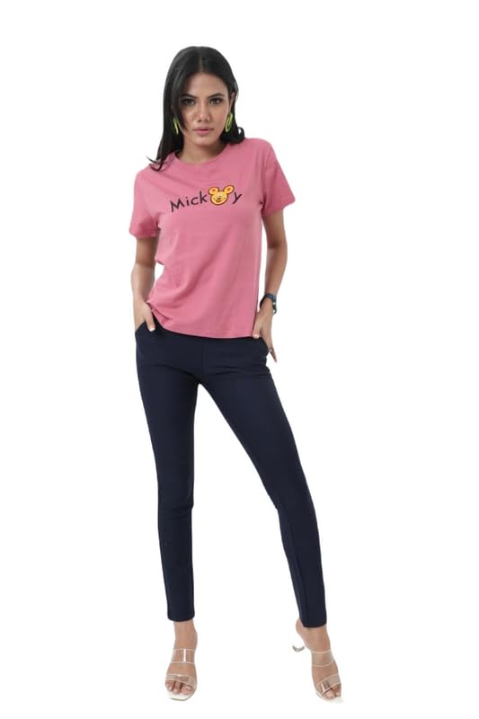ZOE Cotton Blend Western Solid Tshirt for Women (Pink, L)