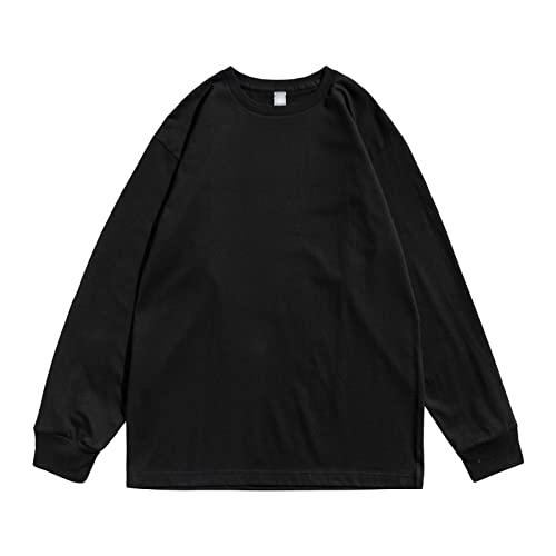 Men's Long-Sleeve Cotton T-Shirt Fashion Casual Solid Color Henley Shirts Crewneck Undershirt Pullover Tops (Medium,Black)