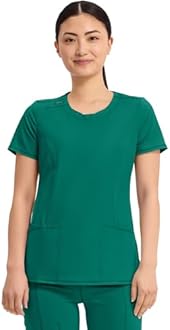 Cherokee Infinity Womens Round Neck Scrub Top, Contemporary Fit, 3 Pockets, Rib-Knit Panels, 360° Stretch – 2624A
