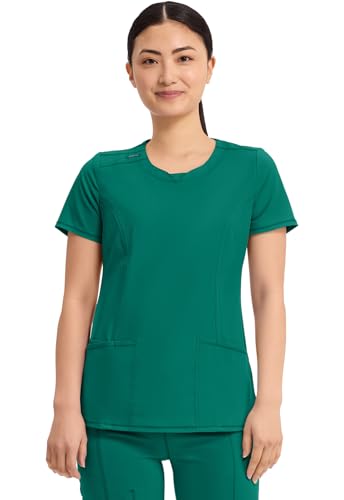 Cherokee Infinity Womens Round Neck Scrub Top, Contemporary Fit, 3 Pockets, Rib-Knit Panels, 360° Stretch – 2624A