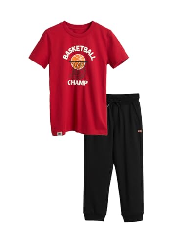 Image of Amazon Brand - Symbol Boy's Regular Track Pants and t-Shirt(SS19TRS486 Sage Red + Black 12-14Y)
