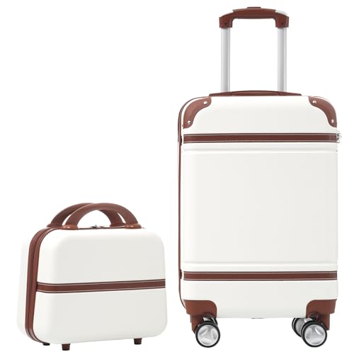 20 IN Hardside Luggage with Cosmetic Case, 2 Piece Lightweight Suitcase Set with Spinner Wheels, Carry on Vintage Luggage,White