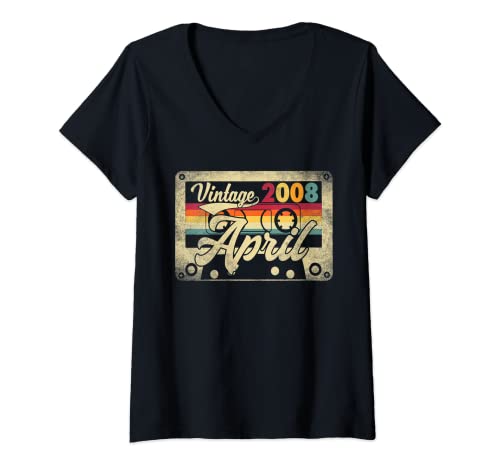 Mujer Vintage Retro April 2008 14th Birthday 14 Years Old Gag Gift Camiseta Cuello V