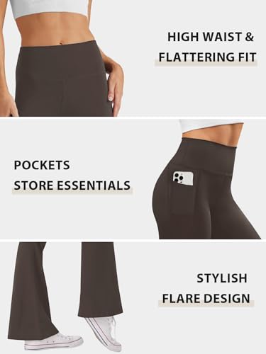 Glacspyg Damen Hose mit Taschen Yogahose Freizeit Jogginghose High Waist Sporthose Elastische Weite Bootcut Jazzpants Braun L