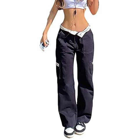 LOVHOT Low Waisted Jeans for Women Aesthetic Vintage Baggy Cargo Pants Casual Patchwork Straight Wide Leg Trousers (Navy Blue, S) Cover