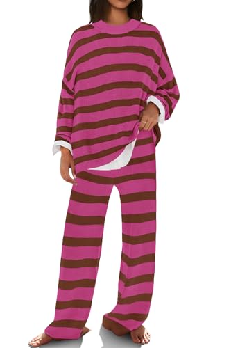 Image of SENSERISE Womens Striped Set Sweater Lounge Sets | Pajamas Set, Loungewear Set, Oversized Knit Sweater, Wide Leg Pants with Pockets, Fall Outfits, Pants Set