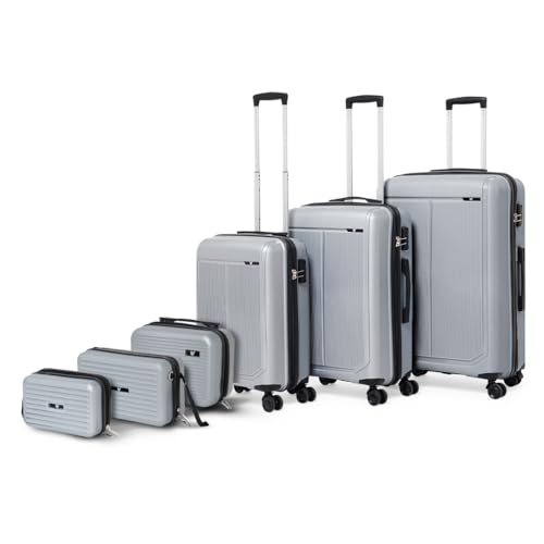 Image of Megatron 6-Piece Family Luggage Set - 3 Trolley Suitcases (20 inch /24 inch /28 inch) + 3 Vanity Cases (8 inch /10 inch /13 inch), Lightweight Unbreakable Polypropylene, 8 Spinner Wheels, Number Lock (Set of 6, Silver)
