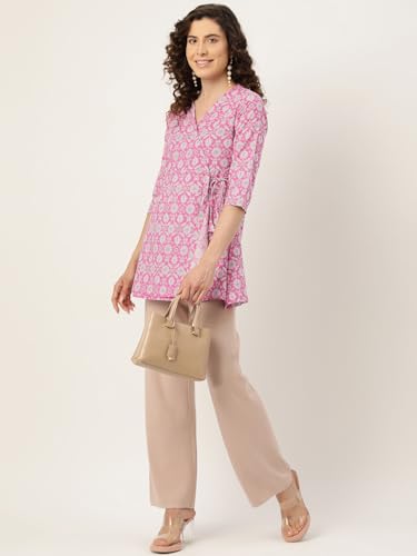 Image of feranoid Floral Print Angrakha 3 Sleeves Flared Kurti