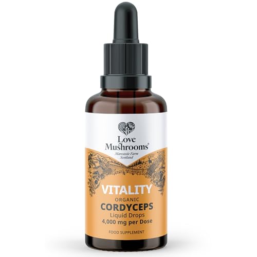 Love Mushrooms - Organic Cordyceps Mushroom Supplement - 50,000mg Tincture - Liquid Drops for Endurance and Energy Boost - Vegan and Made in The UK - Cordyceps Capsules - 50 Servings - 50ml