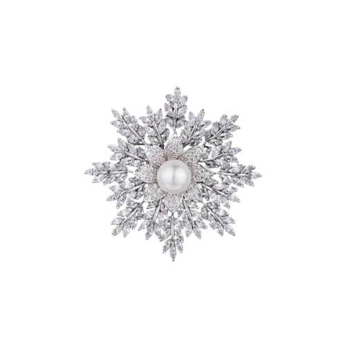 Christmas Gold Snowflake Brooches Pins Crystal Rhinestone Flower Brooch Snowflake Pearl Brooch Xmas Corsage Sweater Dress Shawl Jewelry Accessory for Women (Silver)