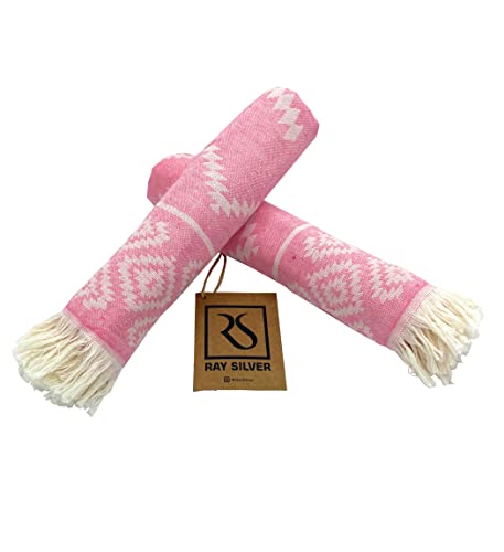 Ray Silver Aztec Turkish Hand Towels Set Of 2 100% Cotton Peshtemal Soft Feel 18 X 36Inches Light Weight Travel Camping Bath Sauna Beach Gym Pool Blanket Quick Dry Oversized Towel (Pink, Hand Towel) #TOP7