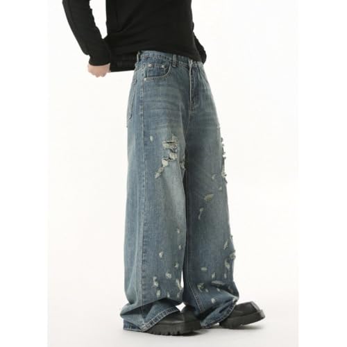 Men's Fashion Streetwear Loose Fit Jeans Irregular Frayed Distressed Wide Leg Trousers3