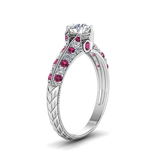 Image of Choose Your Gemstone 2 Row Milgrain Diamond CZ Ring 925 Sterling Silver Round Shape Vintage Engagement Rings Matching Jewelry Wedding Jewelry Easy to Wear Gifts US Size 4 to 12