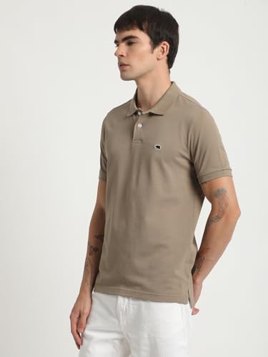 Image of THE BEAR HOUSE Men Beige Solid Slim Fit Polo Collar T-Shirt