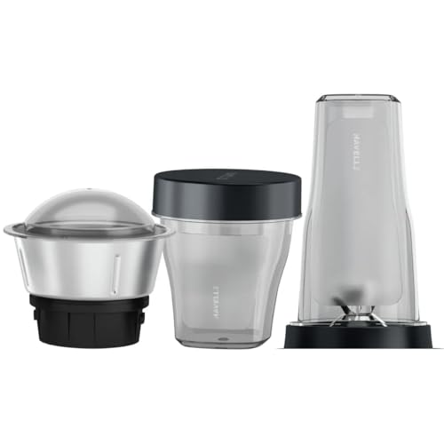 Image of Havells Nutri Insta Blend 350W Mixer Grinder for Kitchen | 3 Jars with Blend, Carry & Store Feature | SS304 Stainless Steel Blades | One Push Operation | 21000 RPM | Black (Nutri Insta Blend Black)