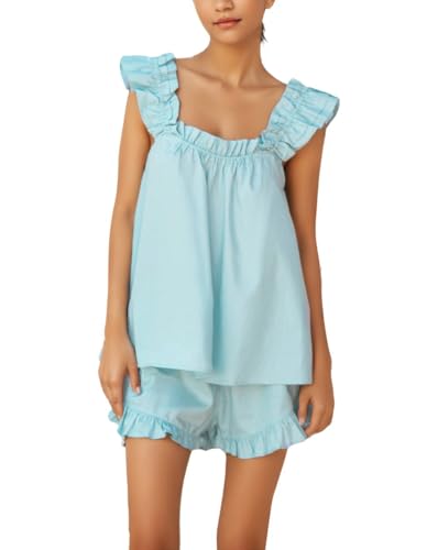 Image of Womens Summer 2 Piece Set Fashion Ruffle Trim Cami and Casual Shorts Set Cotton Pajama Sets