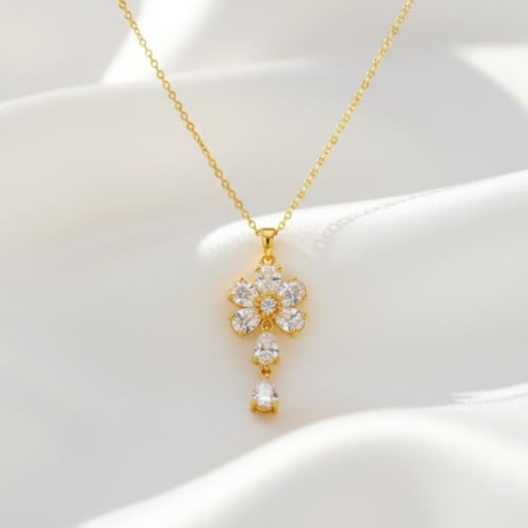 Women's Gold Pearl Flower Drop Diamond Pendant Necklace Set