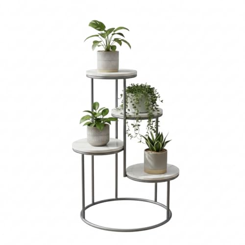 Image of Modern 4-Tier Plant Stand Indoor Metal & Wood | 60 cm Tall Multi-Level Flower Pot Stand | Heavy Duty Corner Plant Rack for Living Room, Balcony, Garden | Decorative Plant Holder for Indoor Use (White Silver)