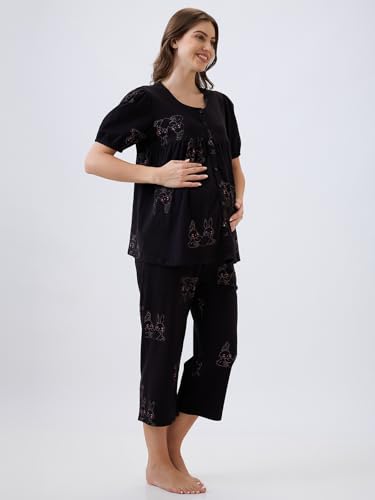 Image of AV2 Women's Cotton Printed Maternity & Feeding Night Suit Set of Top & Relaxed Capri Nursing Night Dress -2123