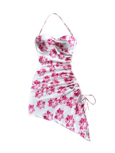 Milumia Girl's Floral Print Boho Halter Drawstring Asymmetrical Hem Slit Mini Dresses