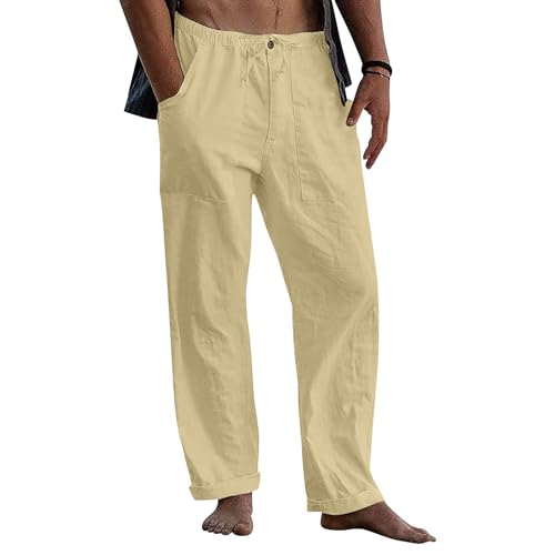 Plus Size Linen Pants Men Loose Fit Casual Drawstring Elastic Waist Pants Lightweight Summer Beach Trousers w/Pockets2