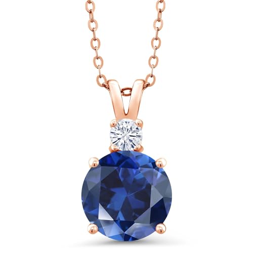 Gem Stone King 18K Rose Gold Plated Silver Blue Created Sapphire and White Moissanite Pendant Necklace For Women (3.82 Cttw, Gemstone September Birthstone, Round 10MM, With 18 Inch Chain)