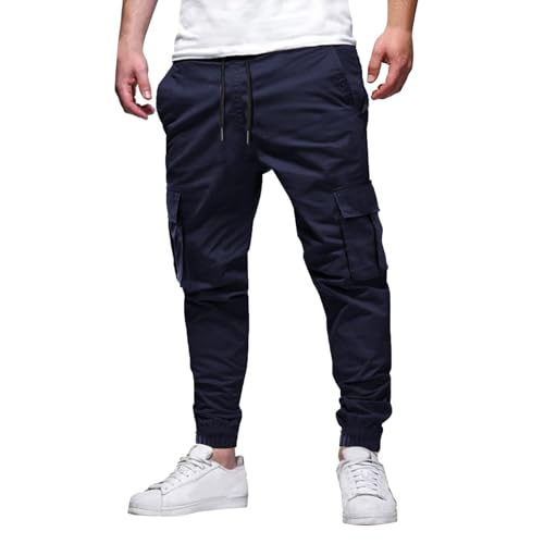 Drawstring Cargo Pants for Men Muti Pockets Elastic Waist Sports Trousers Solid Color Comfort Trousers Work Pants