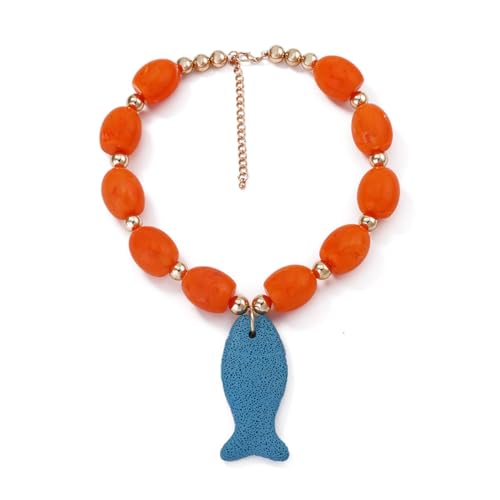 Chunky Orange Beaded Fish Pendant Necklace for Women, Boho Statement Resin Choker Necklace