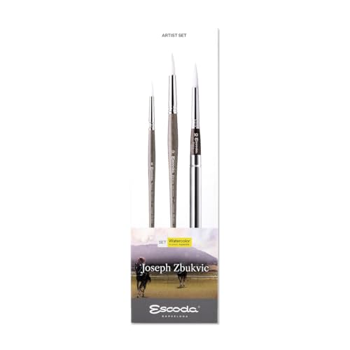 ESCODA Set 3 Pinceles Acuarela - N.8,10,12 Redondo Punta Pelo Sintético Set 1 Joseph Zbukvic Serie Perla Profesional Fabricado a Mano en España.