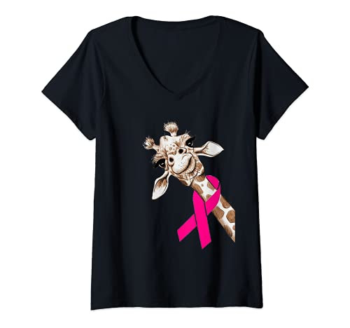 Donna rosa giraffa nastro cancro al seno Guerriero consapevolezza donne Maglietta con Collo a V