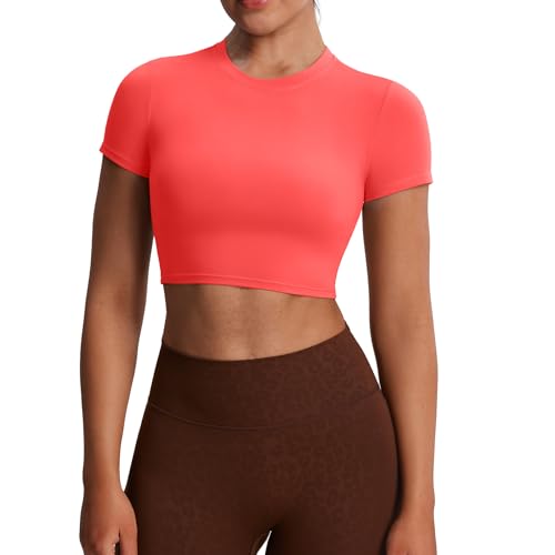 Aoxjox Women's Classic Baby Tee Crop Tops (Fiery Coral, Large)
