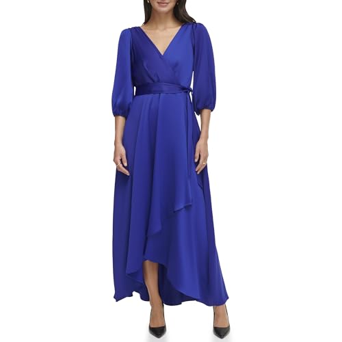 Image of DKNY Women's Balloon Sleeve Satin Faux Wrap Maxi Dress