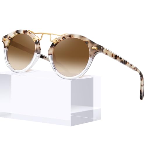 Image of CARFIA Double Bridge Small Acetate Sunglasses for Women Polarized, Retro Metal Brow Ladies Sunnies Fashion Round Eyewears
