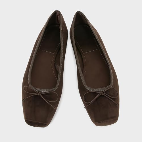 Women's Brown Velvet Ballet Flats Square Toe Bow Tie Mary Jane Flat Casual Comfortable Spring Shoes3
