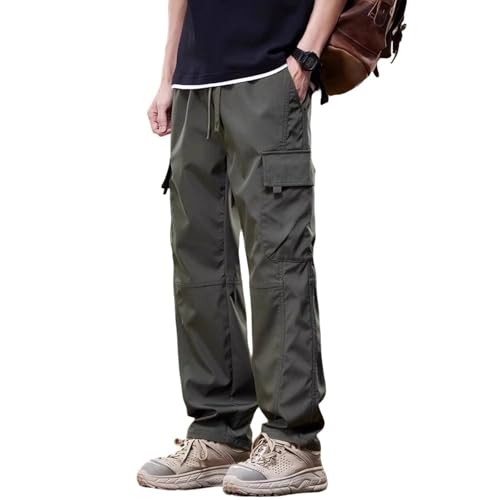 Straight Leg Casual Cargo Pants for Men Drawstring Elastic Waist Hiking Joggers Solid Color Athletic Pants