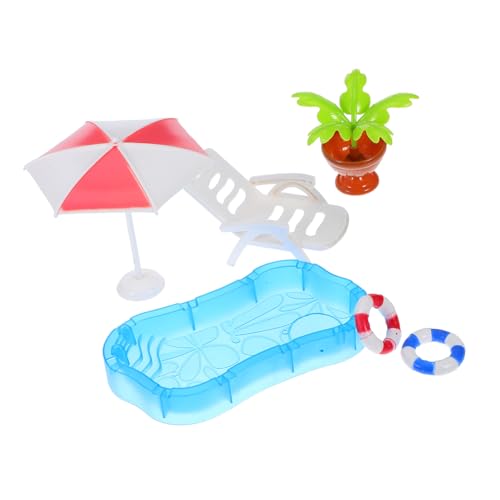 CORHAD Miniatur Puppenhaus Swimming Pool Mit Schwimmring Sonnenschirm Und Strandstuhl Langlebiges Plastikfarbenes Pool-Spielzeug Für DIY Mini Garten Dekoration