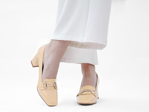 Image of Womens Mid Block Chunky Heeled Loafers Closed Square Toe Patent Leather Comfortable Slip On Pumps Metal Chain Basic Classic Casual Work Office Dress Shoes 2.8 Inches Heels