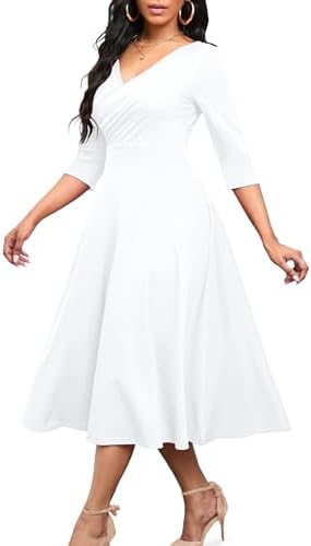 Nmoder Women&#39;s Casual Wrap Flared Midi Dress Wedding Guest Cocktail Tea Dresses A-Line Swing V-Neck 3/4 Sleeve