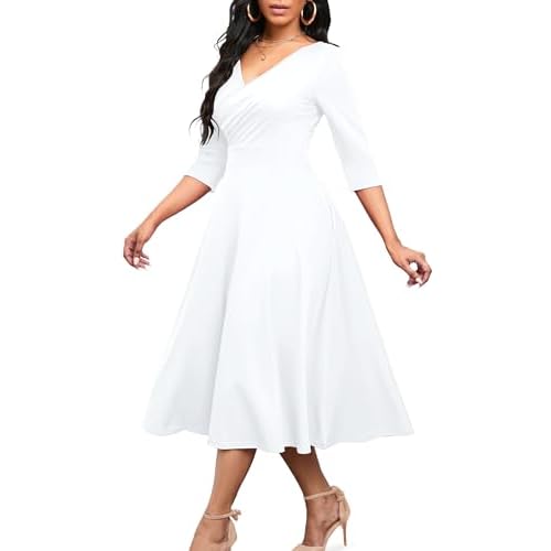 Nmoder Women’s Casual Wrap Flared Midi Dress Wedding Guest Cocktail Tea Dresses A-Line Swing V-Neck 3/4 Sleeve