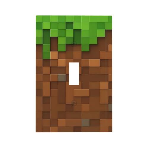 Pixel Style Gamer Themed Grass Block Decorative Light Switch Cover 1 Gang Single Toggle Device Electrical Faceplate Switchplates Decorator Outlet Wall Plate for Kids Room Office Home Decor