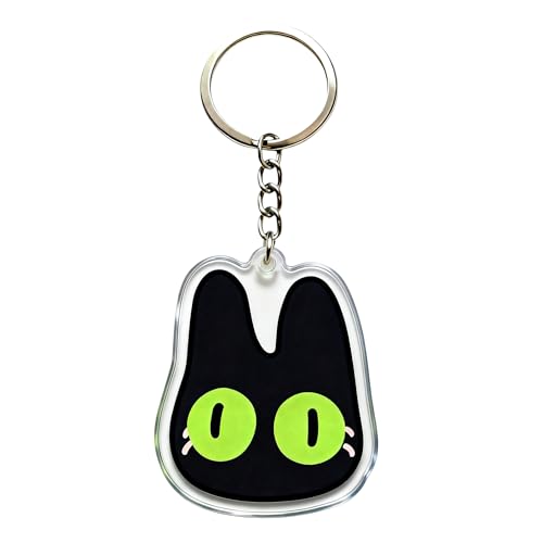 Cute Black Cat Keychain Acrylic Kawaii Cat Keychain with Big Green Eyes, Aesthetic Animal Bag Charm, Double-Sided Pendant for Keys Backpack