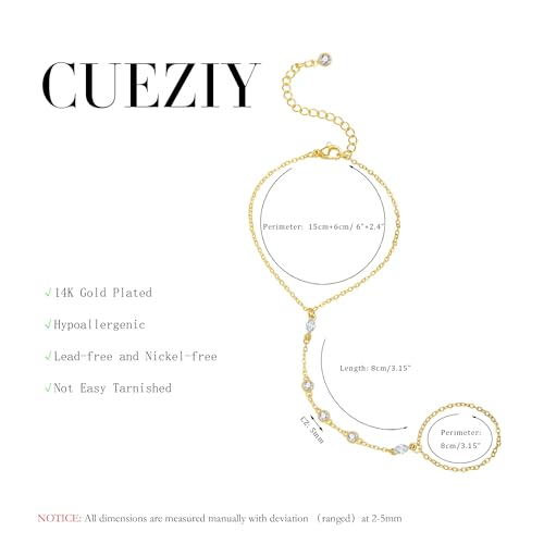 Hand Chain Gold Bracelets for Women Dainty 14K Gold Plated Finger Ring Zircon Adjustable Hand Chain Jewelry for Women Trendy Bracelets for Women Trendy Gold Hand Chain