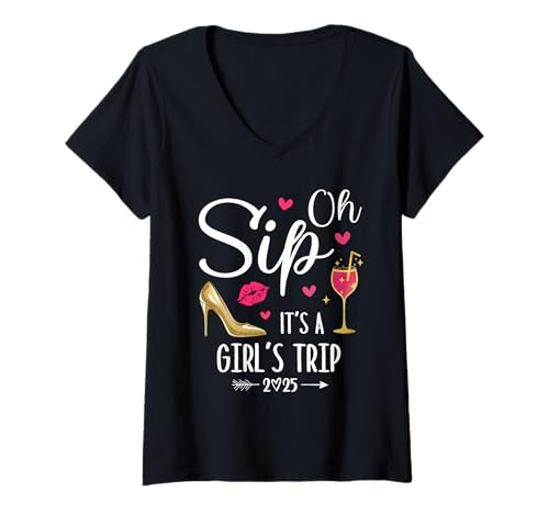 Mulher Oh Sip It's A Girls Trip 2025 Girls Weekend Vacation Party t-shirt decote em V