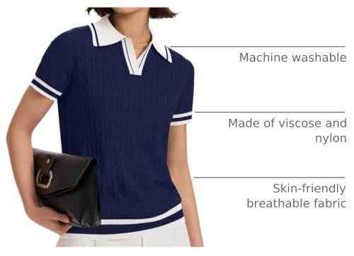 Image of Micoson Womens Short Sleeve Sweater Tops Lapel V Neck Polo Shirts 2026 Summer Cable Knit Loose Blouse Business Casual Outfits